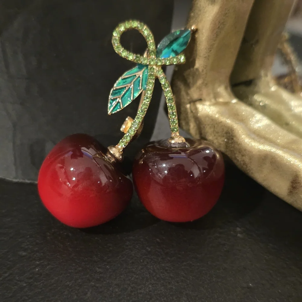 Cherry Brooch Pin Lucite Vintage Style Gold